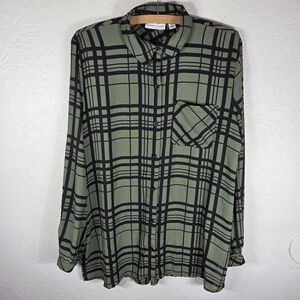 Susan Graver Tunic Top Womens Sz 10 Olive Green Pleated Button Down Collared